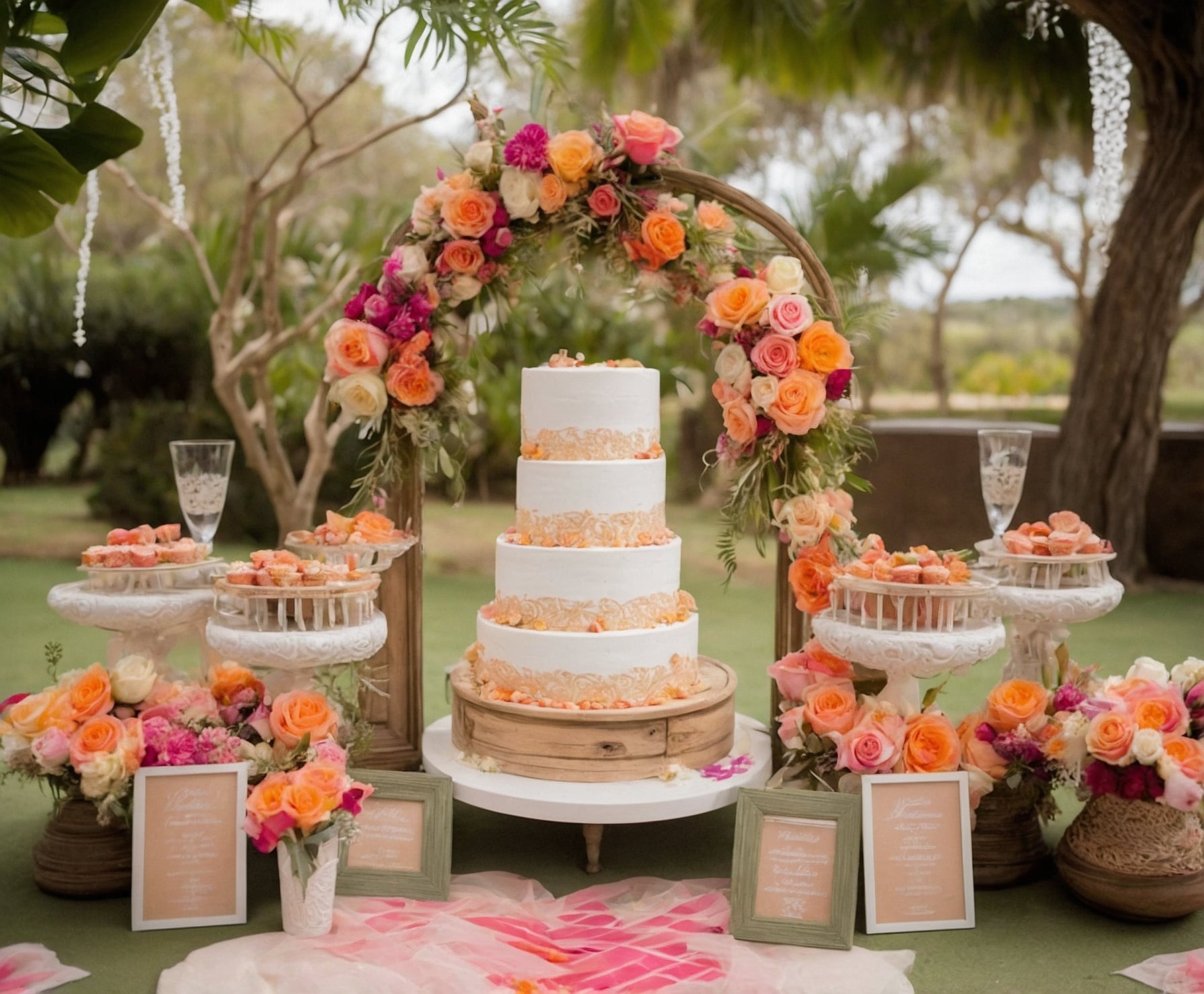 Boda de ensueño en jardín con dulces creativos.